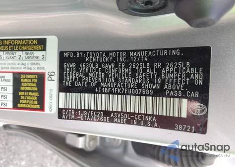 2015 Toyota Camry Le z USA, uszkodzony, nr VIN 4T1BF1FK7FU007689